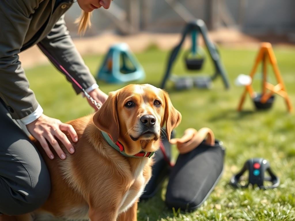 Create a realistic high-resolution photo featuring a dog trainer kneeling down beside a medium-sized dog, emphasizing their connection and engagement. The trainer, dressed in smart casual attire, is gently holding a leash while demonstrating patience and understanding. The dog, a Labrador mix with shiny fur, looks attentive and eager to learn. 

In the background, include a well-maintained outdoor training area with grass and some training equipment subtly blurred to keep the focus on the trainer and dog in