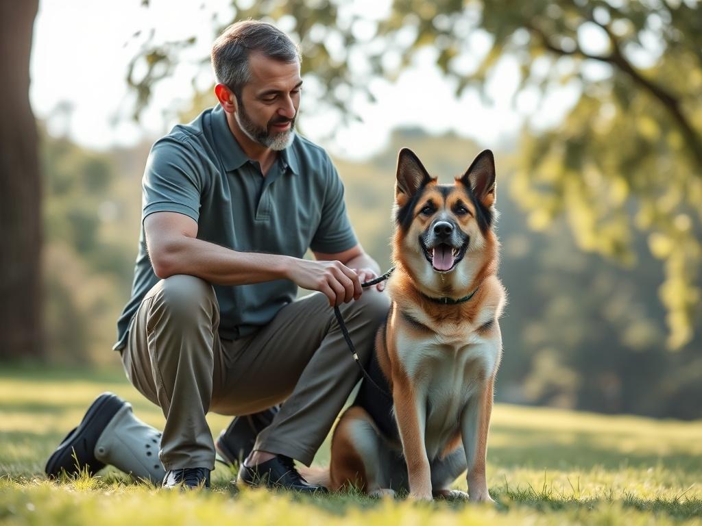 Create a realistic high-resolution photo that depicts a knowledgeable dog trainer engaged with a well-trained dog in a serene outdoor setting, preferably a grassy area with soft sunlight filtering through tree leaves in the background. The dog should be a medium-sized breed, such as a Labrador Retriever or a German Shepherd, sitting attentively next to the trainer, showcasing a strong bond and connection. The trainer should be in a relaxed but authoritative pose, wearing casual, professional attire (such as