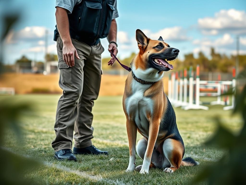 Create a highly realistic high-resolution photo that captures the essence of the blog titled "The Difference Between a Pet Trainer and a K9 Training Academy." The image should feature a single, professional dog trainer in an outdoor setting. The trainer, dressed in a well-fitted uniform, is actively engaged in training a medium-sized dog, demonstrating a specific command, like a sit or stay.

In the background, showcase a well-maintained training field, lined with agility equipment that highlights the struc