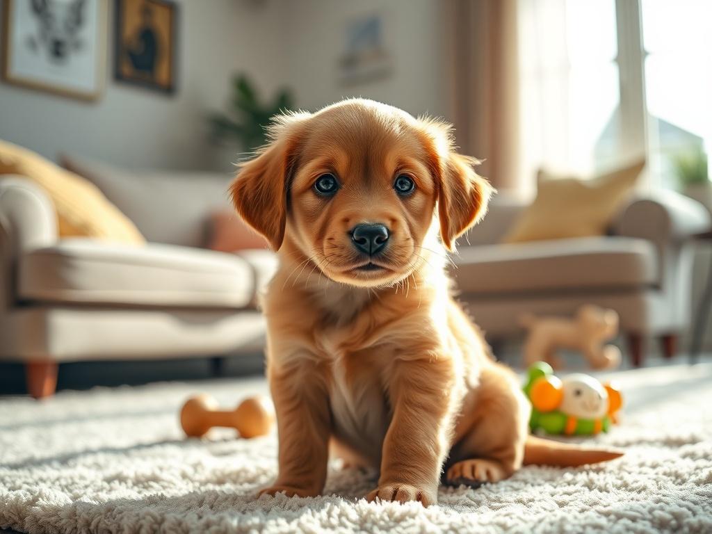 **Prompt for AI Image Generator:**

Create a realistic high-resolution photo that captures the essence of a puppy's first 90 days with its new family. The main subject should be an adorable, energetic puppy sitting on a soft, cozy rug in a well-lit living room. The puppy, ideally a Golden Retriever or Labrador, should have shiny, warm-colored fur and bright, inquisitive eyes that convey a sense of curiosity and playfulness. 

The composition must be simple and clear, focusing solely on the puppy as the sole