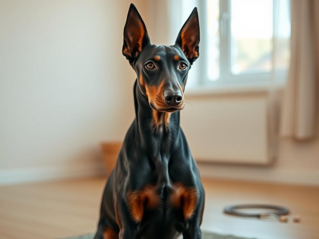 **AI Image Generation Prompt:**

Create a realistic high-resolution photo focusing on a well-groomed Dobermann Pinscher sitting attentively in a calm and structured indoor training environment. The dog should be the single subject, exhibiting a gentle yet alert expression, showcasing its intelligence and eagerness to learn. The background should be a softly blurred, warm-toned room with natural light filtering through a window, suggesting an inviting atmosphere that emphasizes positive leadership and guidan