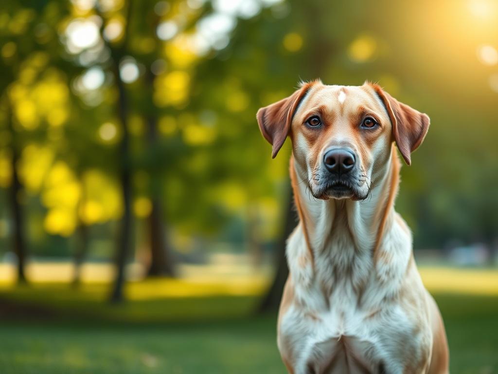 Create a hyper-realistic, high-resolution image that depicts a serene yet alert dog standing in a calm outdoor setting, symbolizing the need for understanding canine aggression. The dog, a medium-sized breed like a Labrador or Golden Retriever, should be facing slightly to the side, with its ears perked up and expression attentive, conveying alertness without hostility. 

The background should be a softly blurred, lush green park, dotted with trees and a gentle sunlight filtering through the leaves, creatin