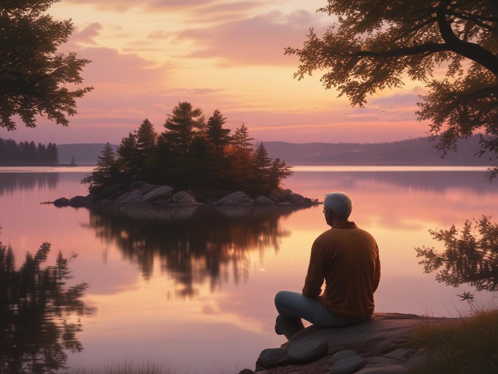 A contemplative scene featuring a person sitting on a peaceful