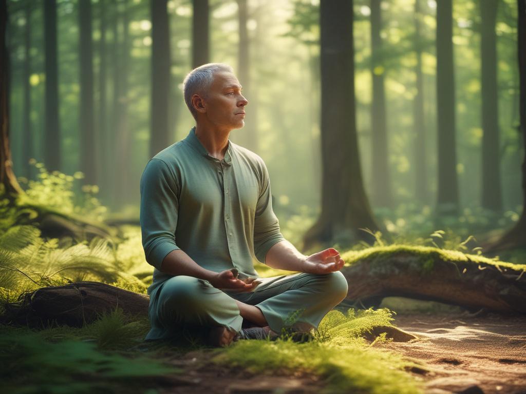 A serene and tranquil setting featuring a person meditating in