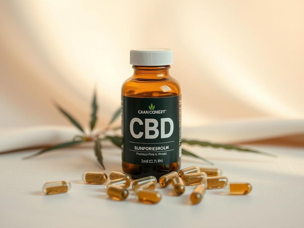 A high resolution image of a bottle of CBD capsules