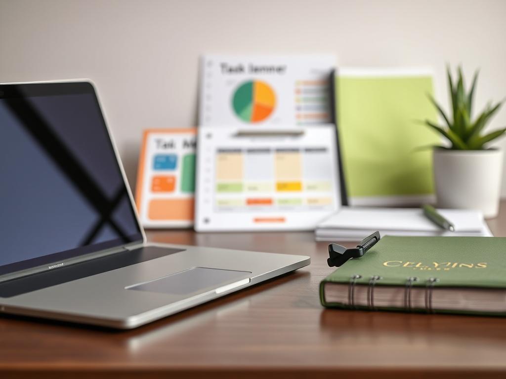 A close-up shot of a beautifully organized workspace featuring a sleek laptop, colorful task management templates, and an elegant planner, all neatly arranged on a stylish desk. The background should be softly blurred to emphasize the workspace, while the overall color scheme aligns with olive/lime green and black.