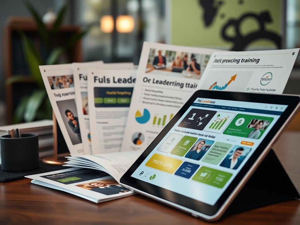 A hyper-realistic close-up of a vibrant leadership training toolkit, featuring printed training materials, engaging visuals, and a tablet displaying interactive modules. The setting should reflect a professional atmosphere, with a subtle olive/lime green and black theme in the background.