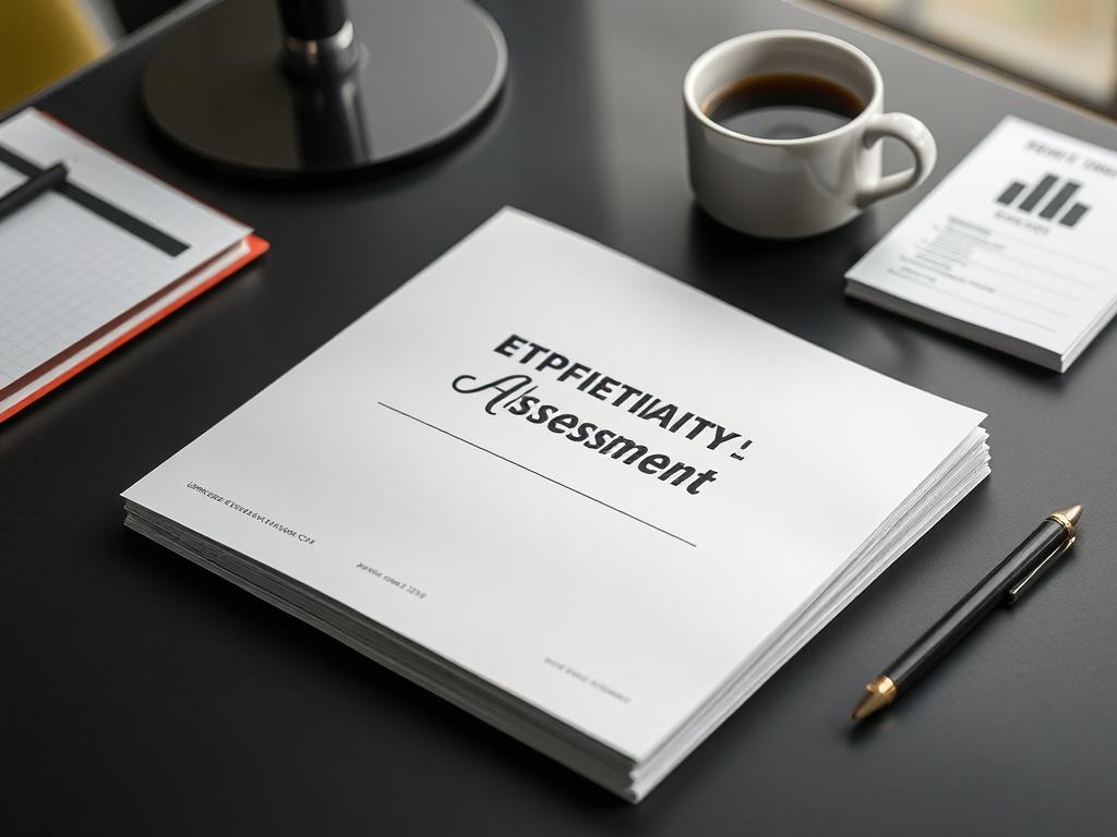 A close-up shot of an operational efficiency assessment guide opened on a stylish desk, surrounded by a notepad, pen, and a cup of coffee. The background should subtly incorporate the color scheme of olive/lime green and black, creating a professional and inviting atmosphere.
