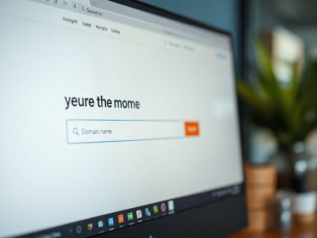 A hyper-realistic close-up shot of a computer screen displaying a domain registration webpage, with a focus on the search bar where a user is typing a domain name. The background is softly blurred to emphasize the screen, with warm olive and lime green tones subtly integrated into the design elements of the webpage. The image reflects a modern, professional setting, showcasing the importance of online presence for businesses.
