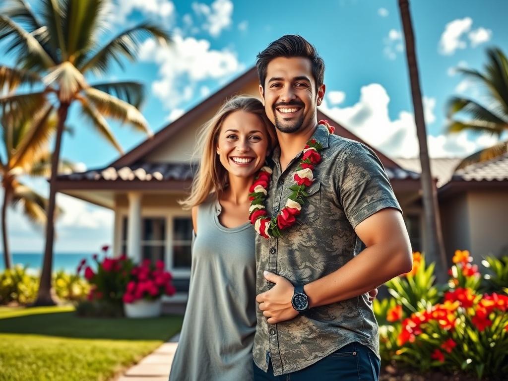 Create a realistic high-resolution photo depicting a happy young couple standing proudly in front of their new home in Hawaii. The couple is smiling and embracing each other, showcasing their excitement and joy. The background features a beautiful Hawaiian landscape with palm trees, vibrant flowers, and a bright blue sky. The composition should capture the essence of first-time homeownership, emphasizing a sense of achievement and community. Ensure the lighting is high-contrast, with deep shadows and a stri