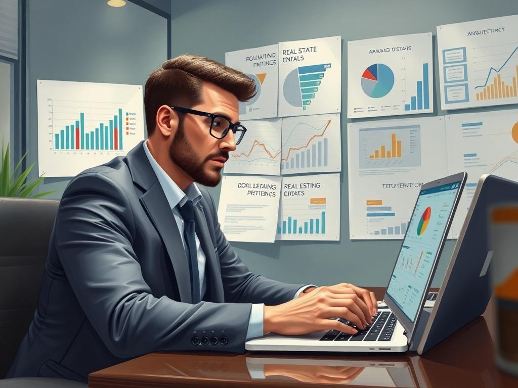 A realistic painting of a professional consultant analyzing real estate data on a laptop, surrounded by charts and graphs, set in a modern office environment. The focus should be on the consultant's focused expression and the data on the screen, showcasing expertise and analysis.