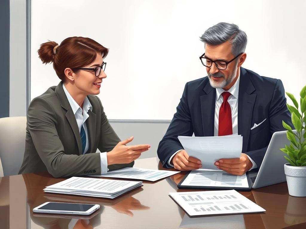A lifelike painting of a financial advisor and a client discussing a real estate investment plan at a conference table, with documents and a laptop open in front of them. The setting should convey professionalism and collaboration.