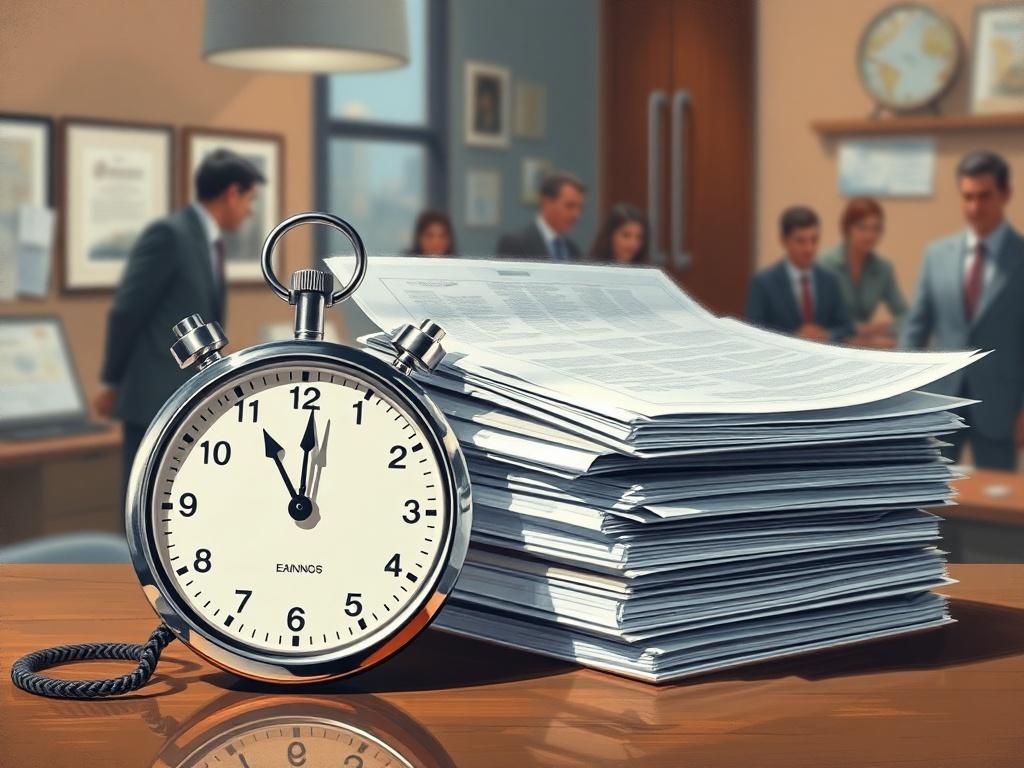 A realistic painting of a stopwatch next to a stack of real estate documents, symbolizing quick turnaround times in deal analysis. The background should depict a bustling office environment, emphasizing urgency and efficiency.