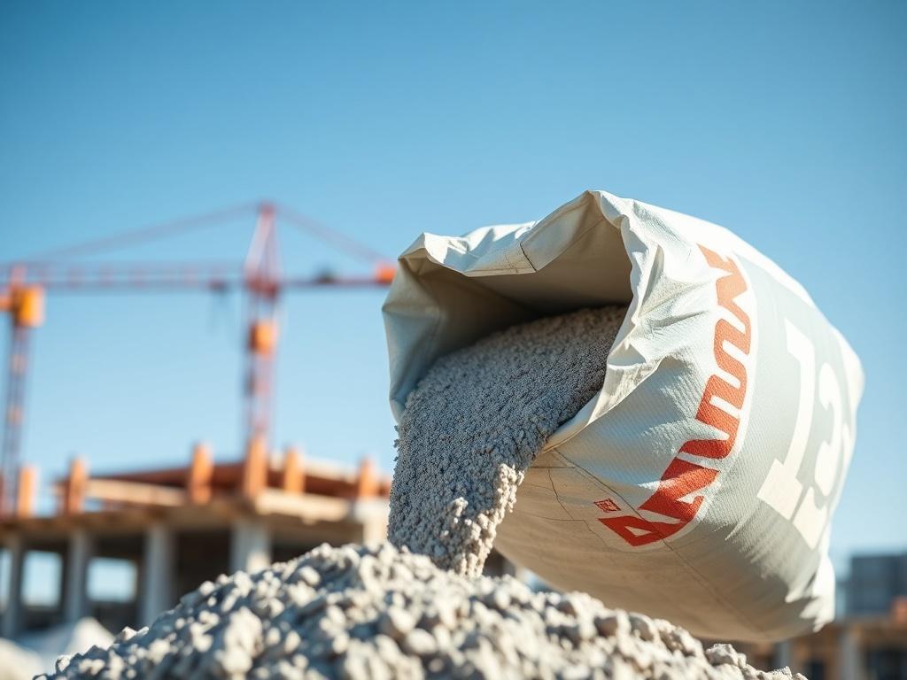 A close-up shot of a high-quality cement bag being poured into a construction site, with a clear blue sky in the background. The scene should focus on the texture of the cement and the action of pouring, showcasing the importance of quality in raw materials. The composition should be simple, highlighting the cement with a blurred background of a construction site, emphasizing the material's significance in the industry.
