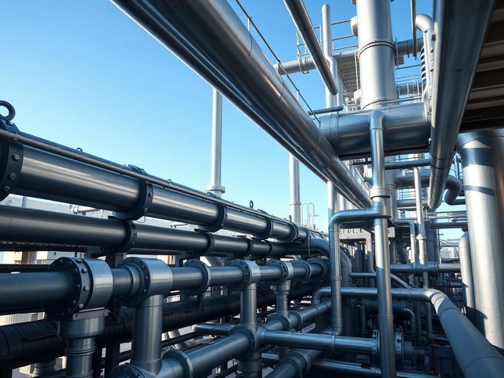 A close-up shot of a modern oil and gas facility, showcasing intricate pipelines and machinery with a very light color palette. The background should depict a clear blue sky, emphasizing a clean and efficient environment. The focus should be on the technology and infrastructure, capturing the essence of the oil and gas industry in a hyper-realistic style, shot with a 45mm f/1.2 lens.