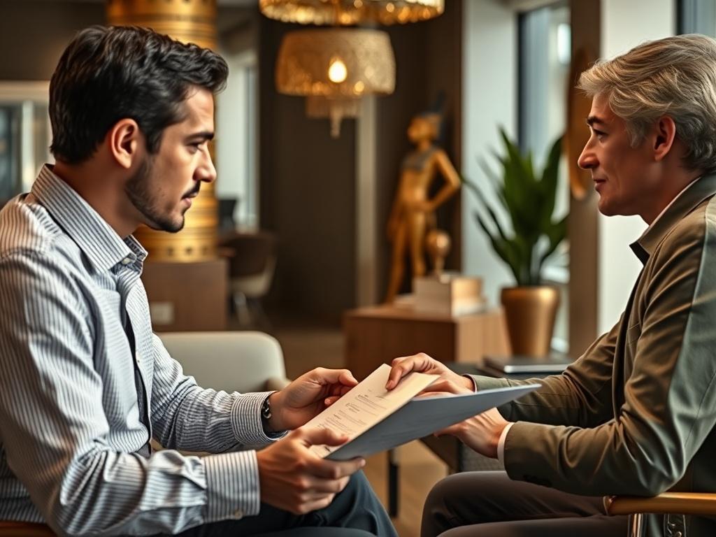 A hyper-realistic close-up shot of a consultant engaging with a client in a modern office setting, featuring elements of Egyptian decor. The focus should be on the exchange of ideas, with documents and digital devices visible, demonstrating a collaborative and strategic consulting environment. The image should convey professionalism and innovation.