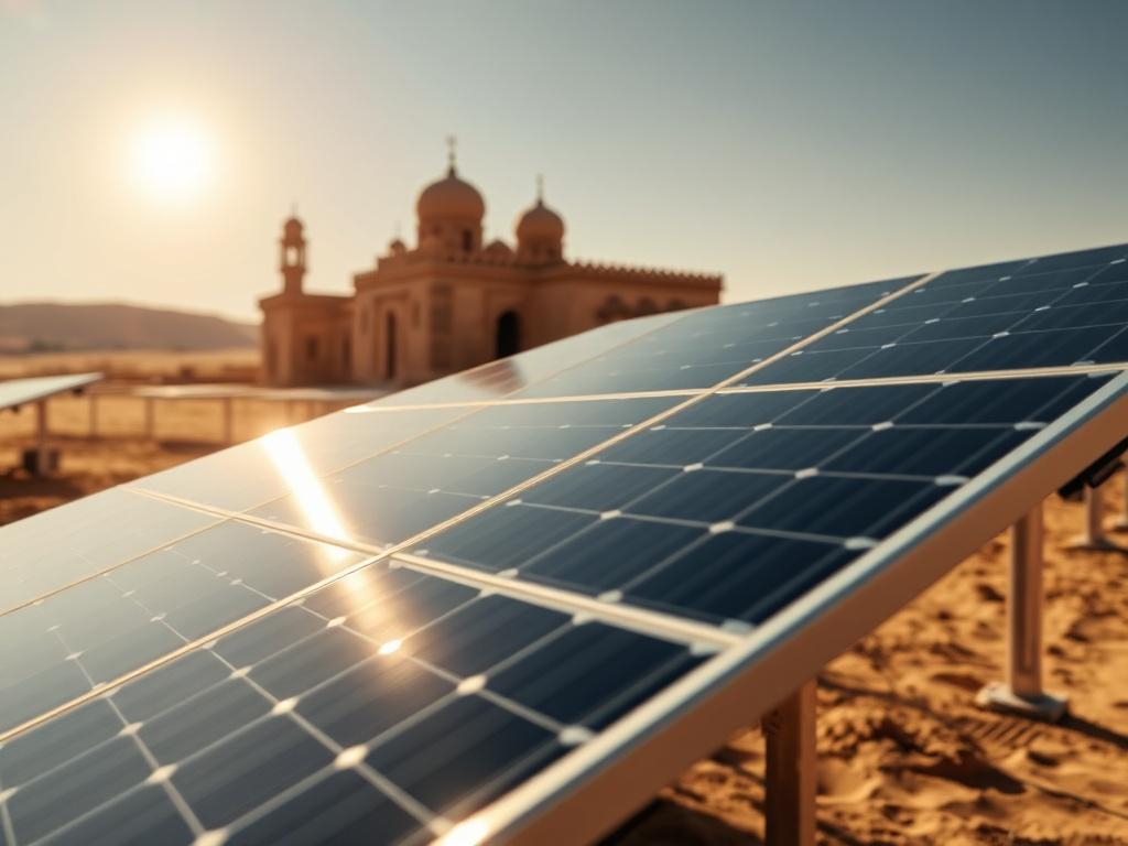 A hyper-realistic close-up shot of a solar panel installation in an Egyptian desert, showcasing the sun reflecting on the panels. The background should include traditional Egyptian architectural elements. The image should evoke a sense of modern sustainability while integrating local cultural features, with vibrant colors that align with a blue-white palette.