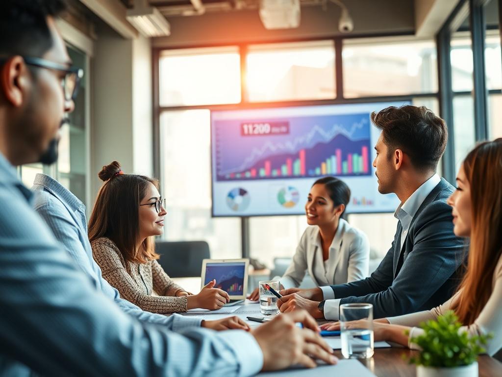A hyper-realistic close-up shot of a professional business meeting taking place in a modern office environment, featuring diverse professionals engaging in discussion with charts and data on a screen in the background. The atmosphere is vibrant and collaborative, showcasing elements of technology and innovation, with natural light streaming through large windows.