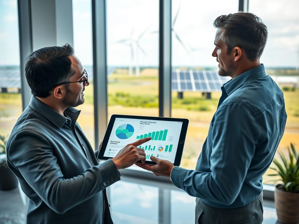 A close-up shot of a consultant discussing renewable energy strategies with a client, showcasing a modern office setting with blue and white color tones. The consultant is pointing at a digital tablet displaying renewable energy data, while the client appears engaged and interested. The background features large windows with a view of solar panels and wind turbines.