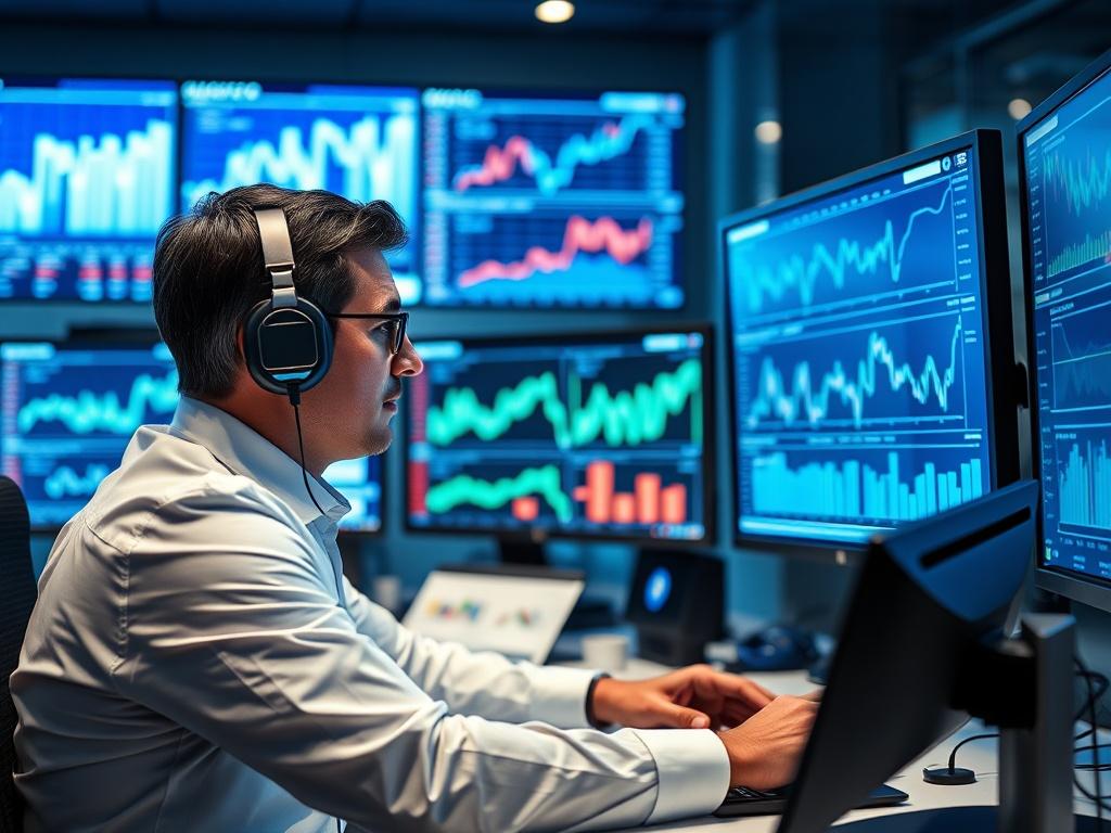 A high-resolution image of a professional energy trader analyzing market data on multiple screens in a sleek, modern office. The trader is focused and engaged, surrounded by graphs and charts depicting energy trends. The color palette reflects blue and white tones, emphasizing a professional environment.