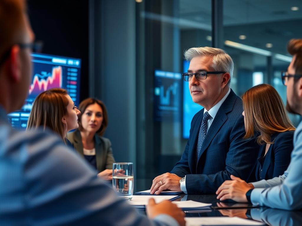 A focused consultant presenting strategic market insights to a group of business leaders in a modern conference room, with digital screens displaying graphs and market data. The atmosphere is collaborative, and the color scheme includes blue and white tones, reflecting professionalism.