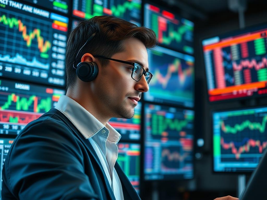 A close-up shot of a modern trading room filled with screens displaying energy trading data, with a professional trader analyzing the information. The background should be slightly blurred to highlight the trader's focus on the screens, creating a dynamic and engaging atmosphere.