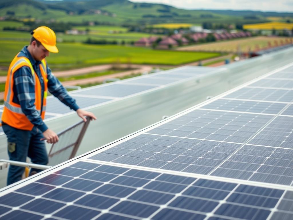 A close-up shot of a solar panel installation at an industrial site, with workers inspecting the panels. The background should include green landscapes, symbolizing sustainability and a commitment to renewable energy.