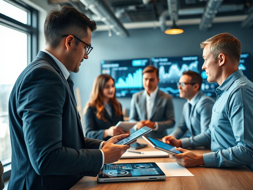 A close-up shot of a construction material supplier's office with professionals discussing digital transformation strategies. The background should feature modern technology, such as tablets and screens with data analytics, emphasizing innovation in the construction industry.