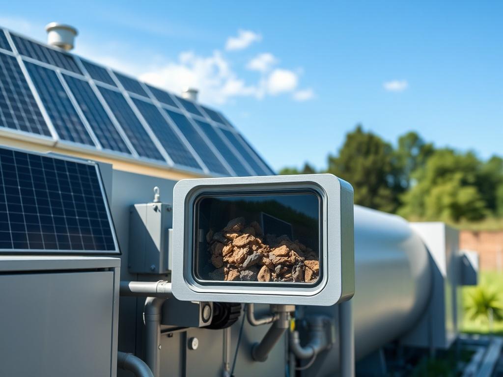 A close-up shot of a modern waste-to-energy facility, showcasing a sleek, contemporary design with solar panels and green technology. The background features clear blue skies and lush greenery, symbolizing sustainability. The focus is on a single waste processing unit, with visible waste being converted into energy, illustrating the innovative technology in action. The image captures a sense of cleanliness and efficiency, emphasizing the transformation of waste into energy in a hyper-realistic style, shot w