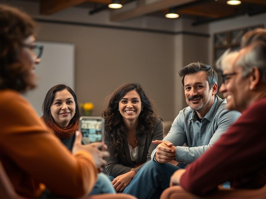 An intimate workshop setting where participants engage in guided discussions, with a facilitator leading the group. The atmosphere should feel collaborative and supportive, with diverse faces showing curiosity and openness, surrounded by warm lighting and comfortable seating.