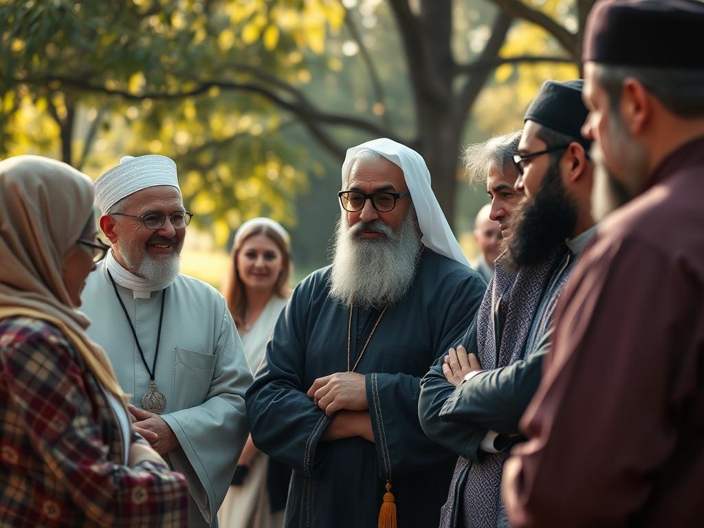 A serene gathering of diverse individuals from various religious backgrounds engaged in thoughtful conversation in a peaceful outdoor setting, with trees and soft sunlight in the background. The focus should be on their expressions of understanding and warmth, emphasizing the theme of bridging beliefs.