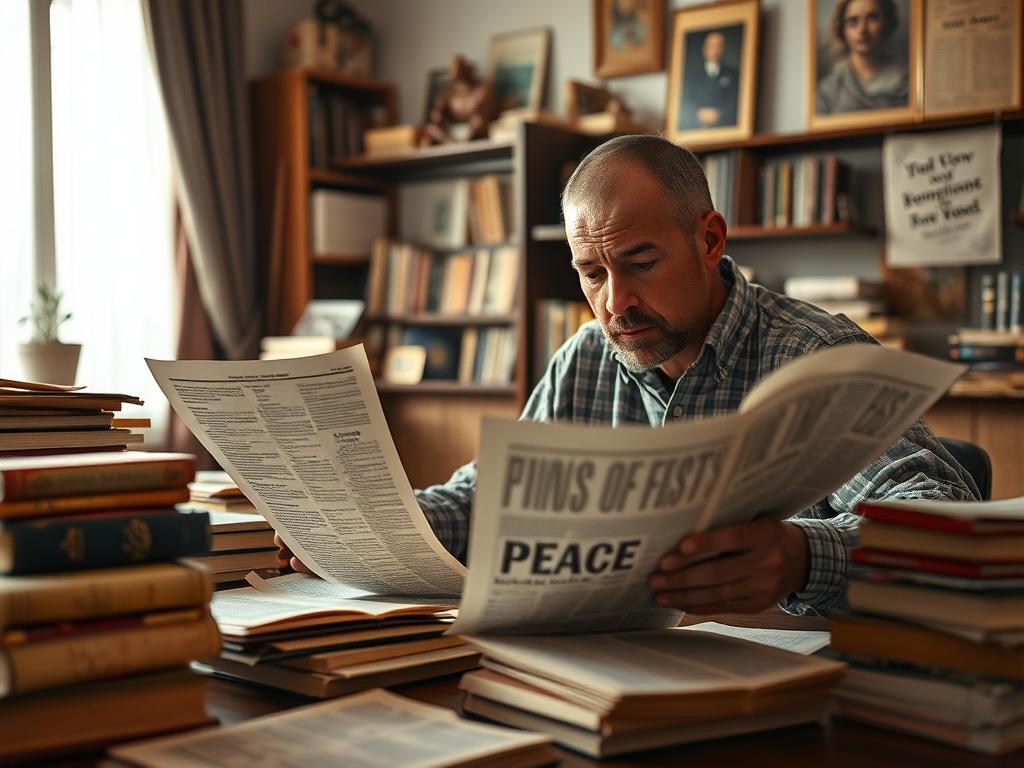 A thoughtful individual analyzing historical documents and news articles related to peace efforts, surrounded by a table filled with books and papers. The setting should convey a sense of deep reflection and inquiry, with a warm, inviting atmosphere.