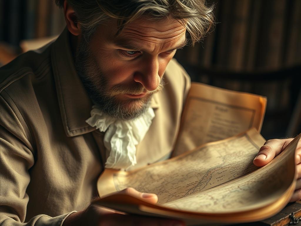 A close up shot of a historian examining old maps