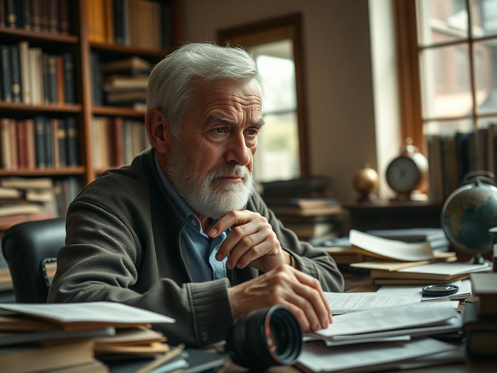 Generate a realistic high-resolution photo that embodies the blog titled "Unraveling 77 Years of Political Failure." The composition should focus on a single, poignant subject: an aged, weathered man sitting thoughtfully at a desk cluttered with historical political documents and photographs from the past 77 years. His expression should reflect a deep sense of contemplation and uncertainty, symbolizing the weight of political history. 

The background should be a muted, warm-toned library or study, lined wi
