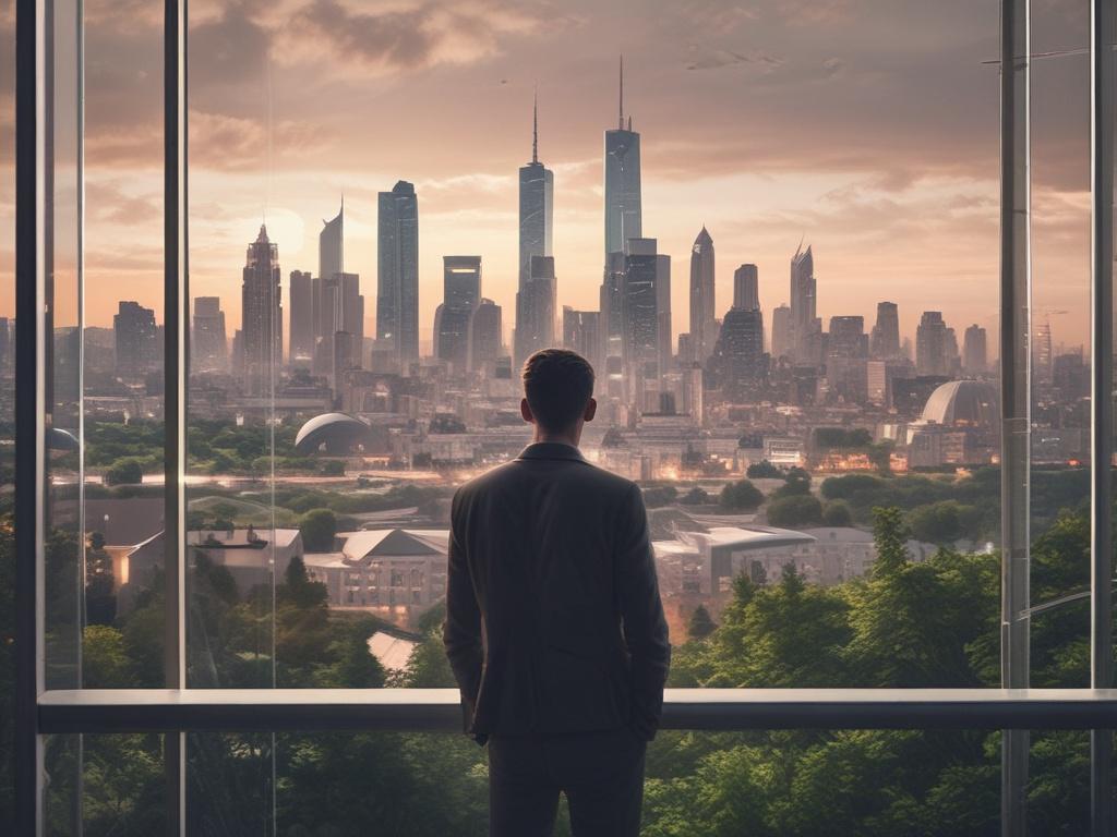 A futuristic scene of a person standing in front of