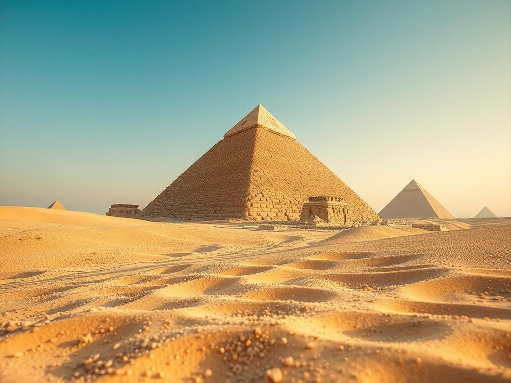 Create a realistic high-resolution photo that captures the essence of "Exploring the Wonders of Giza." The composition should feature a single, majestic shot of the Great Pyramid of Giza, showcasing its grand scale and intricate details. The pyramid should be positioned slightly off-center to allow for a sweeping view of the surrounding desert landscape, which should feature soft, rolling dunes under a clear blue sky.

The foreground should include scattered grains of sand, emphasizing the vastness of the arid environment. In the background, the soft silhouettes of the nearby pyramids should be faintly visible, giving context to the grandeur of the Great Pyramid. The lighting should reflect the warm tones of a late afternoon sun, casting gentle shadows on the pyramid's stone blocks, thereby highlighting its texture and historical significance.

Overall, the image should evoke a sense of wonder and adventure as it invites viewers to discover the ancient treasures of the Giza Plateau, embodying the rich history and allure of this iconic landmark. Ensure that the colors are vibrant yet natural, focusing on earth tones that blend harmoniously with the primary color rgb(239, 207, 131).