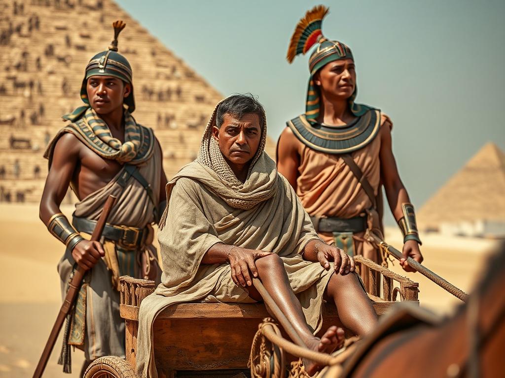 **AI Image Generation Prompt:**

Create a realistic high-resolution photo depicting a scene inspired by ancient Egyptian art, illustrating the emotional depth of a moment where two Egyptian soldiers are transporting a war captive on a chariot. The composition should focus solely on this singular subject: the captive, who is seated or positioned on the chariot. He should be portrayed with a backward glance, gazing longingly toward what appears to be his homeland. His expression must convey sorrow, loss, and 