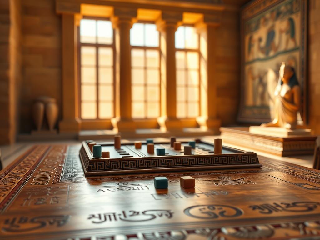 Create a realistic high-resolution image that captures the essence of "Games in Ancient Egypt." Focus on a single subject: a carefully detailed ancient Egyptian game board, vividly showcasing its intricate carvings and hieroglyphics. The game board should be made of polished wood, reflecting the craftsmanship of the era, and include traditional pieces made from stone or clay in lively colors.

The composition should depict the game board placed on an ornate Egyptian table set against the backdrop of a sunli