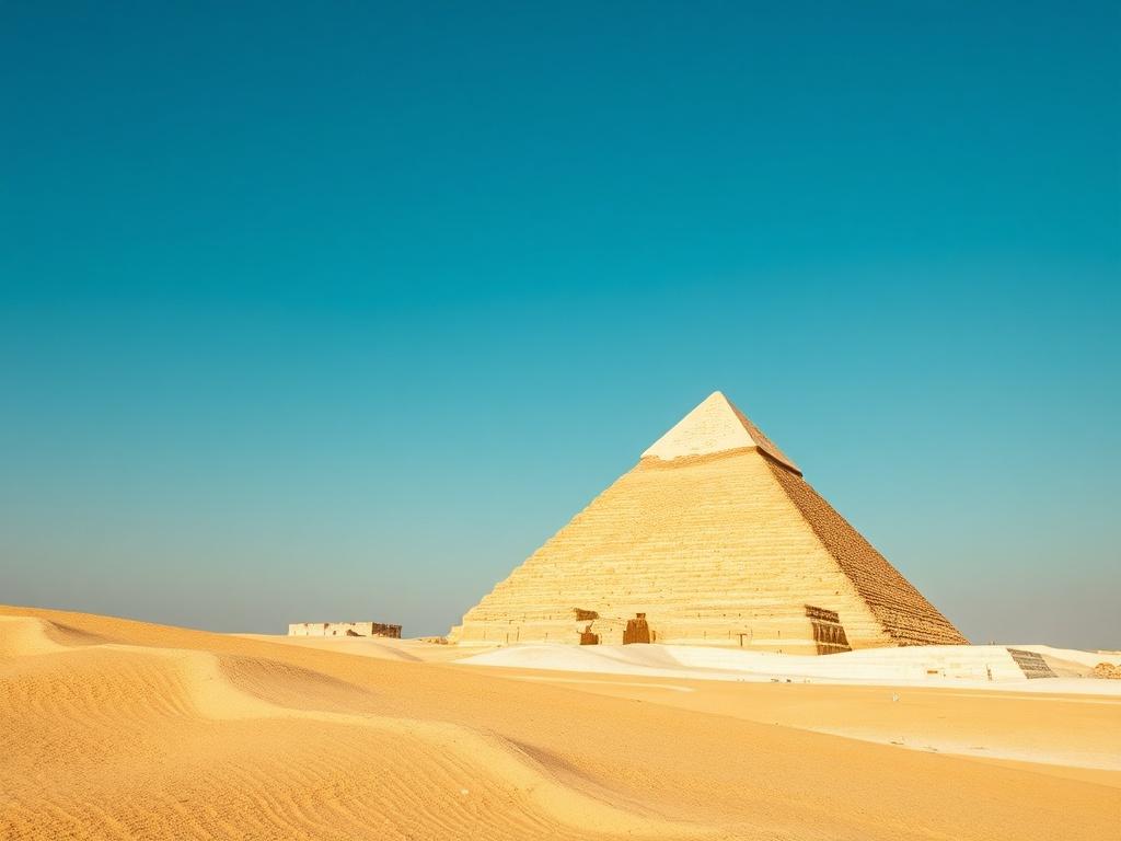 Create a realistic high-resolution photo that captures the essence of "Exploring the Wonders of the Pyramids." The composition should be simple and clear, featuring a single subject: a majestic view of the Great Pyramid of Giza. The pyramid should be the focal point, showcasing its intricate stonework and towering structure against a clear blue sky.

In the foreground, include a small patch of desert sand, with gentle undulations providing a sense of depth and perspective. The lighting should mimic the warm