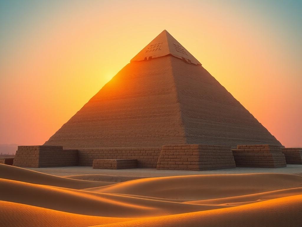 Create a realistic high-resolution image of a single, majestic pyramid in the Egyptian desert, showcasing the Great Pyramid of Giza at sunrise. The pyramid should dominate the foreground, beautifully illuminated by the soft, golden light of the rising sun. 

The pyramid's textured limestone blocks must be clearly visible, emphasizing its grandeur and architectural precision. In the background, include a clear blue sky gradually transitioning from warm hues of orange and pink to deep blue, enhancing the sere