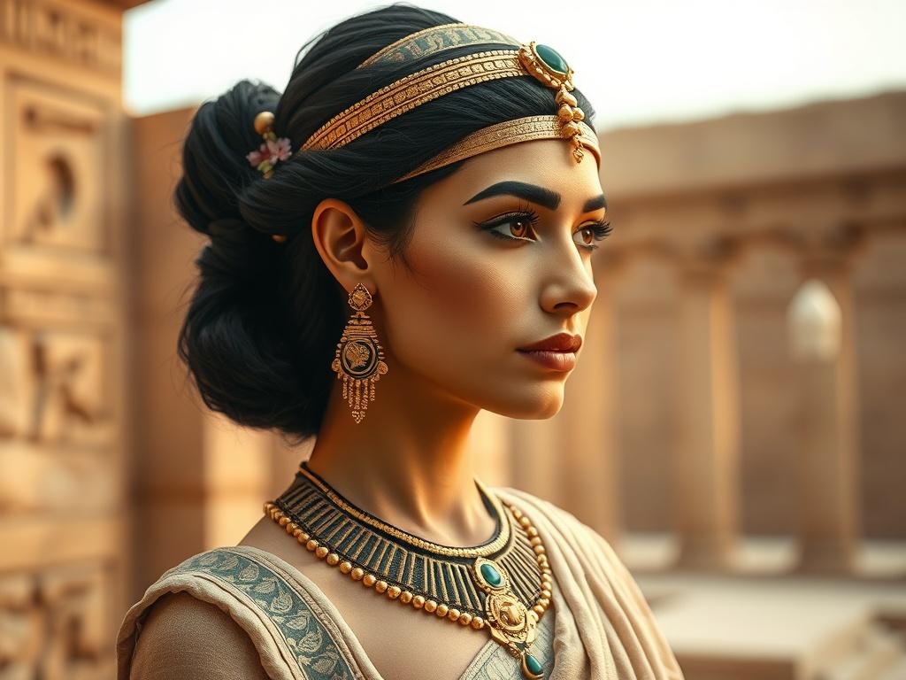 Create a highly realistic high-resolution portrait of a female figure representing a noble woman from ancient Egypt. The woman should be adorned in traditional Egyptian attire, featuring a beautifully detailed linen dress that flows elegantly to the ground. She wears striking gold jewelry, including a broad necklace and ornate earrings, showcasing the culture's craftsmanship.

Her hair is styled in an authentic ancient Egyptian fashion, either in a sleek black bob or styled with elaborate braids, and is com