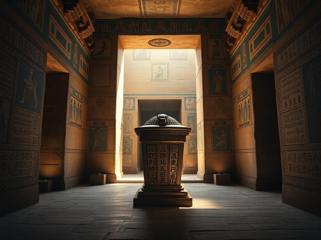 Create a highly realistic high-resolution photo of the tomb of Rameses VII, showcasing its intricate details and grandeur. The composition should focus on the entrance of the tomb, framed by ancient sandstone walls adorned with hieroglyphics and vibrant frescoes depicting scenes from ancient Egyptian mythology. The subject should be a well-preserved sarcophagus, prominently positioned at the center of the entrance, displaying its ornate carvings and inscriptions.

In the background, include dimly lit stone 