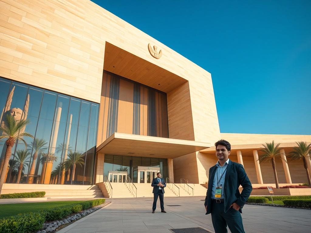 Create a realistic high-resolution image of the New Grand Egyptian Museum, showcasing its stunning architecture. The composition should feature a close-up view of the museum's iconic entrance, highlighting the modern design's sleek lines and geometric shapes. Focus on the grand façade with its massive glass windows reflecting the surrounding landscape.

Position the museum prominently in the center of the image, emphasizing the scale and grandeur of the structure. In the foreground, include a single tour gu