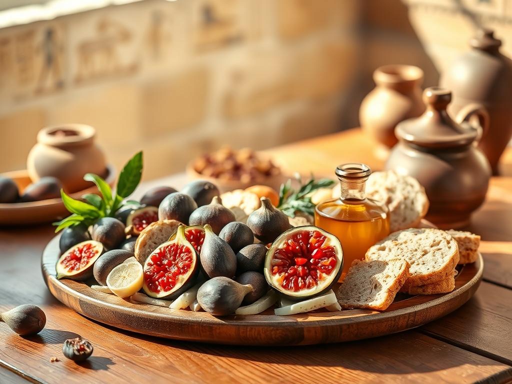Create a realistic high-resolution image that embodies the topic "Food in Ancient Egypt." The composition should be simple and clear, featuring a single subject: a beautifully arranged platter of ancient Egyptian food, showcasing a variety of traditional foods such as figs, pomegranates, bread, honey, and a clay jar of olive oil. Place the platter on a wooden table to add a rustic touch. 

In the background, softly blurred, include hints of ancient Egyptian decor, like hieroglyphics or pottery, to provide c