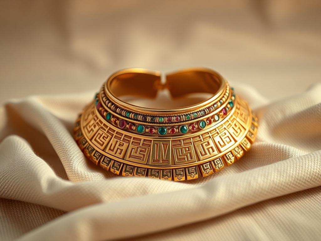 Create a highly detailed, realistic high-resolution photo that reflects the theme of "Jewelry in Ancient Egypt." The image should focus on a single exquisite piece of jewelry, such as a beautifully crafted gold collar adorned with colorful gemstones and intricate hieroglyphic engravings. The collar should be the central subject, displayed prominently against a simple and neutral background that evokes a sense of the ancient Egyptian aesthetic.

The jewelry should be positioned on a soft, textured fabric, re