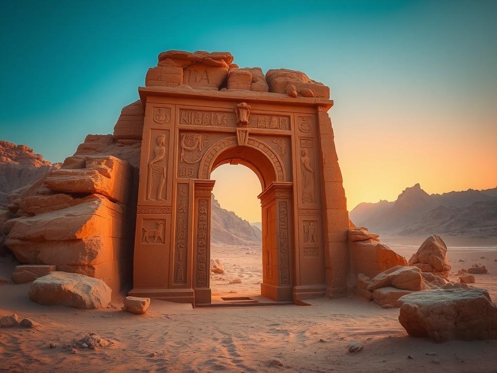 Create a realistic high-resolution photo centered around the title "Valley of The Kings." The composition should feature a single, majestic ancient tomb entrance carved into the rock face, showcasing intricate hieroglyphics and details typical of the New Kingdom period in ancient Egypt. The subject should be a well-preserved, ornate stone archway, leading into the depths of the tomb, bathed in warm, golden light that suggests the time of sunrise or sunset. 

The background should depict the rugged, arid lan