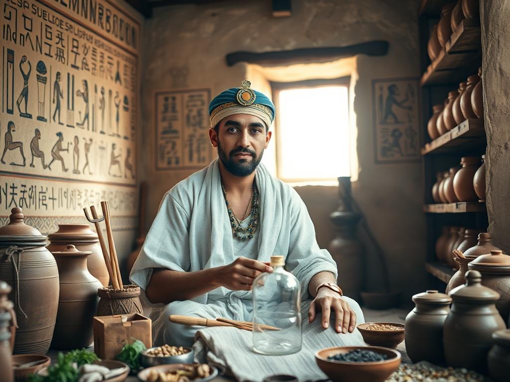 **Prompt for AI Image Generator:**

Create a realistic high-resolution photo that illustrates the theme "Medicine in Ancient Egypt." The composition should be simple and clear, focusing solely on a single subject: an ancient Egyptian healer. Capture the healer seated in a traditional setting, surrounded by various ancient medical tools and herbs, showcasing their importance in Egyptian medicine. 

The healer should be depicted wearing traditional linen garments, with intricate patterns, and a headpiece refl