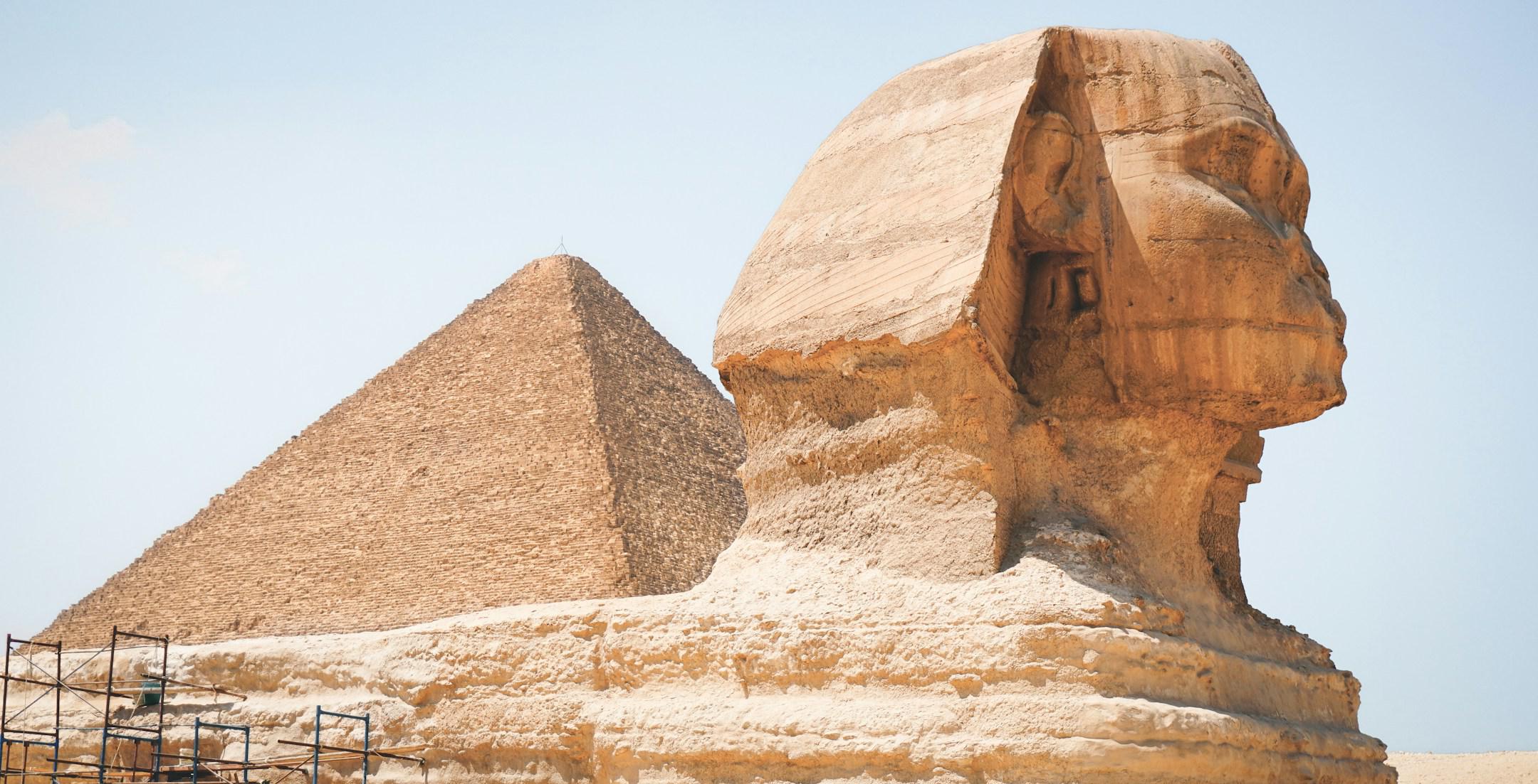 Giza pyramid behind the sphinx, in Cairo, Egypt