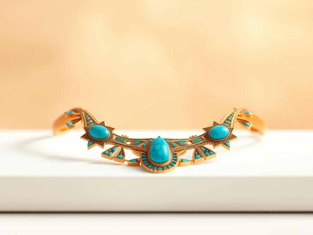 **Prompt for AI Image Generation:**

Create a realistic high-resolution photograph that captures the essence of "Jewelry In Ancient Egypt." The primary subject should be a striking, intricately designed piece of ancient Egyptian jewelry, such as a beautifully crafted gold and turquoise necklace. The necklace should be placed on a simple, smooth white surface to highlight its details and craftsmanship.

The background must be subtle and unobtrusive, featuring soft, warm tones that evoke the feel of the Egypt