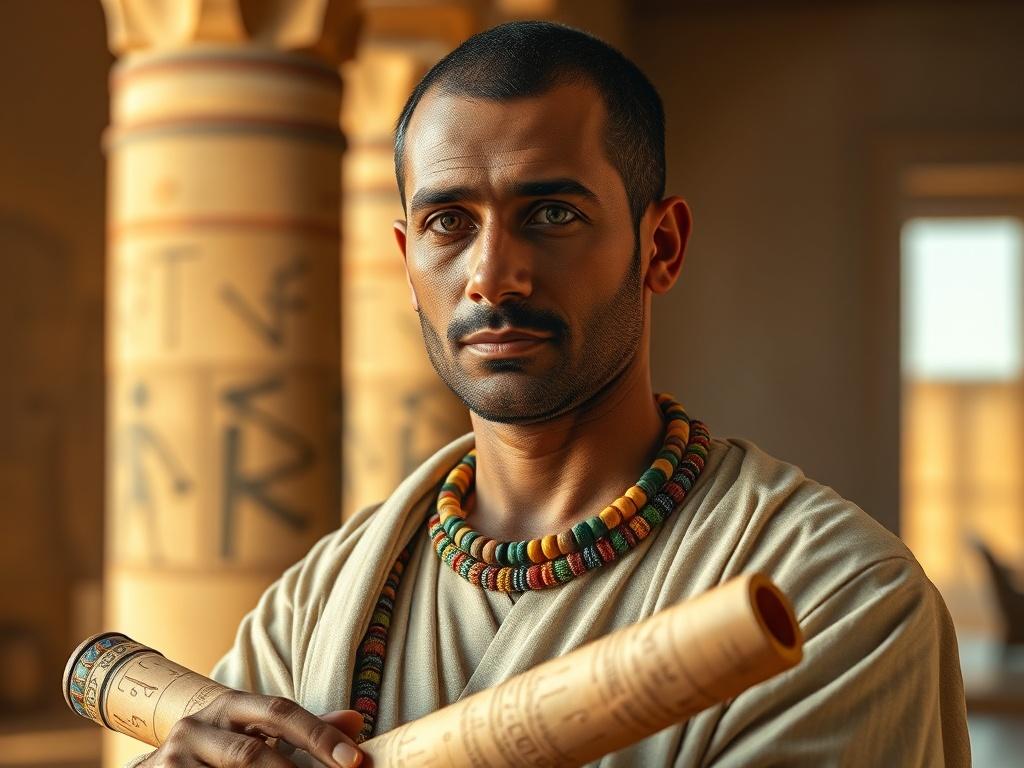 **Prompt for AI Image Generation:**

Create a highly detailed and realistic high-resolution image titled “Medicine in Ancient Egypt.” The composition should be simple and clear, featuring a close-up view of a single ancient Egyptian physician. The subject should be a male figure dressed in traditional linen garments typical of Ancient Egypt, with a distinct collar adorned with colorful beads. He is holding a papyrus scroll, symbolizing medical texts and knowledge.

The background should depict a softly blur